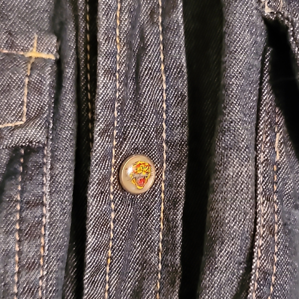 Rare Ed Hardy Men's Large Snap Pearl Dark Denim Shirt - Picture 4 of 10